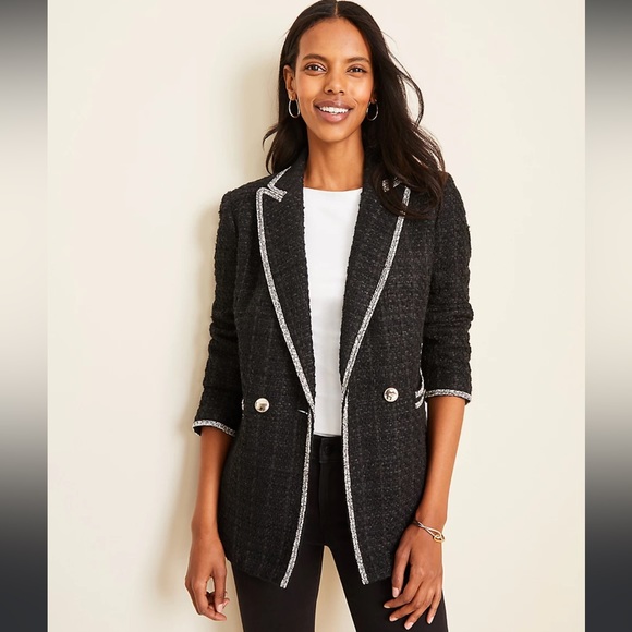 Ann Taylor Black tweed boucle pocket jacket XS 2 4 - Picture 1 of 9